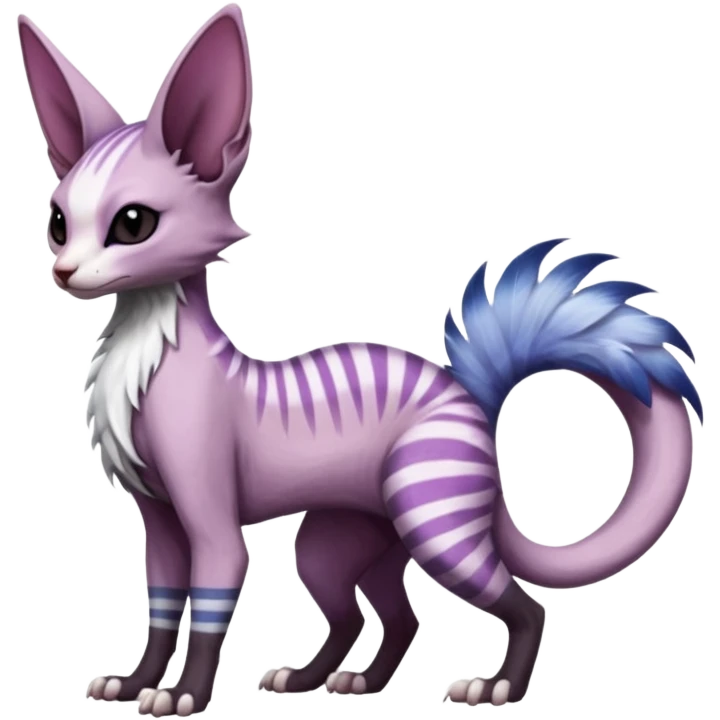 Furry, fluffy feathery scaly, Purple, white, black, Minccino-Sphynx-Lykoi-Linoone-Zangoose-fusion-hybrid-animal-Fakémon-creature, full body, thin long sleek scaly tail, intricate markings emoji