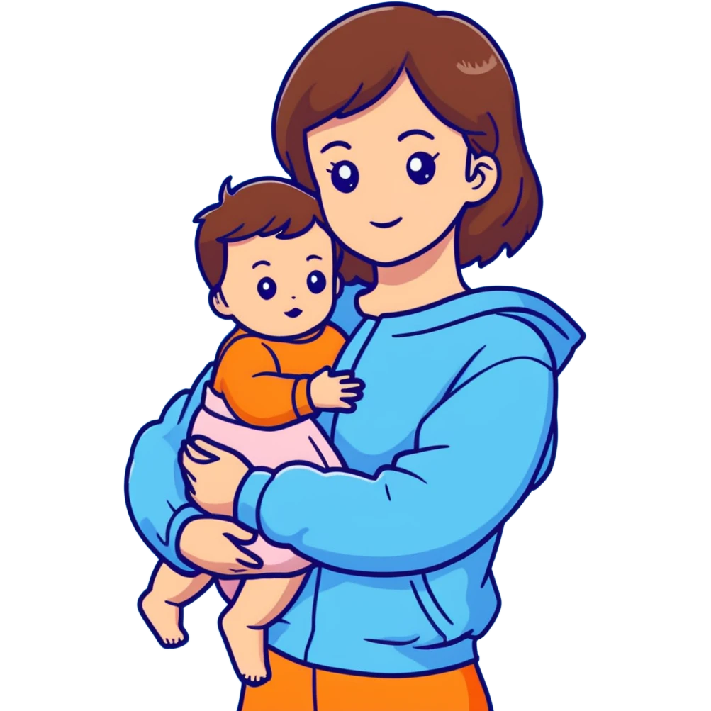 brunette girl with brown hair wearing pastel blue clothes holding a baby emoji