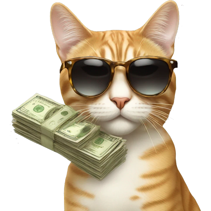 rich cat in sunglasses with money emoji