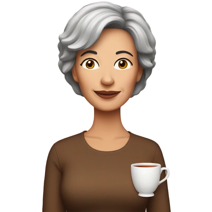 Middle aged woman with brunette pixi cut drinking tea emoji