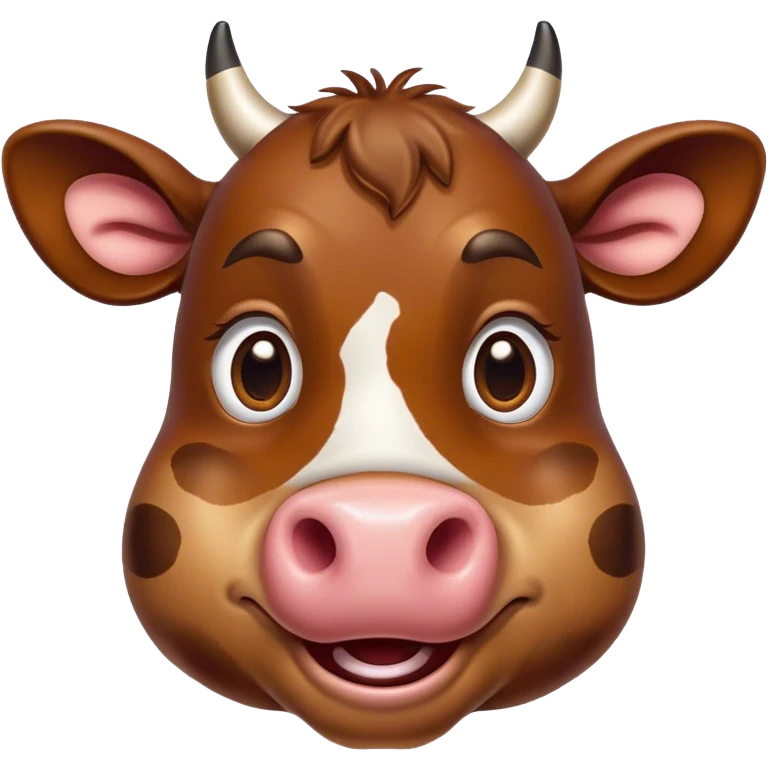 Cinematic Comical Brown Cow Portrait Emoji, Head tilted dramatically with an exaggeratedly amused expression, featuring a striking, glossy brown hide with a playful natural pattern, wide, expressive brown eyes filled with humorous disbelief, Simplified yet hilariously expressive features, highly detailed, glowing with a slightly sassy glow, high shine, dramatic yet playful, stylized with an air of cheeky farmyard mischief, bright and endearing, soft glowing outline, capturing the essence of a spirited and over-the-top cow, so meme-worthy it feels like it could moo its way into internet fame instantly! emoji