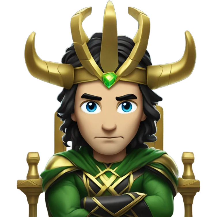 Loki season 2 End Holds the multiverse by green cables serius expernession, gold long crown horns, black hair, blue eye sitting in throne emoji