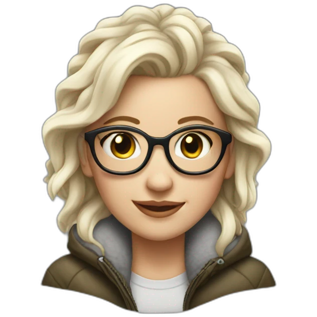 white Girl with ear piercings and smile,fleece jacket and glasses on her head emoji