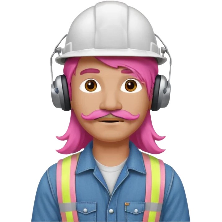 construction worker with long pink hair and protective headphones and mustache emoji