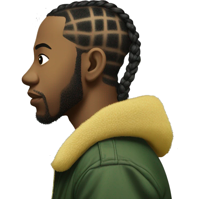 Side profile of a hip hop artist with braids. His arm is pointing down. He's wearing a puffy dark green jacket. The jacket has a furry yellow collar.  emoji