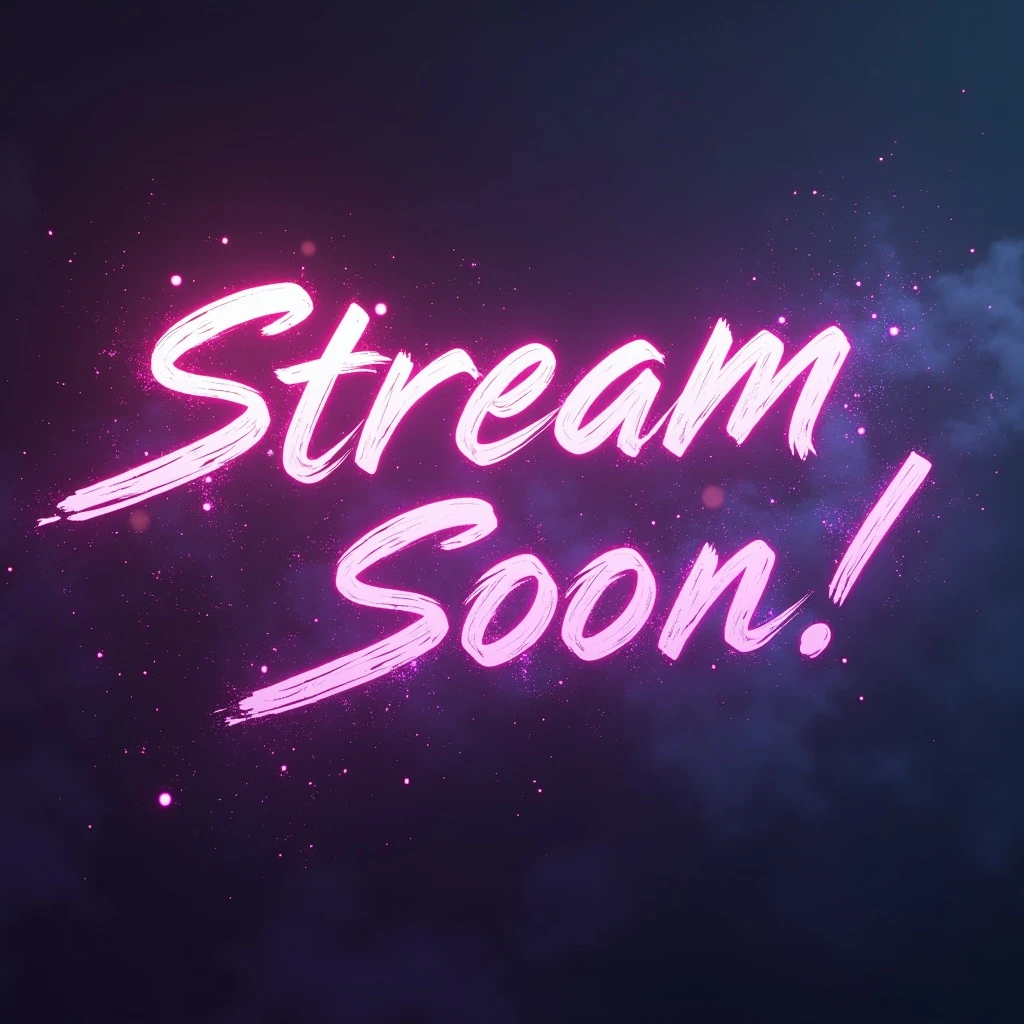 "stream starting soon" cyberpunk style text splash overlay lavender emoji