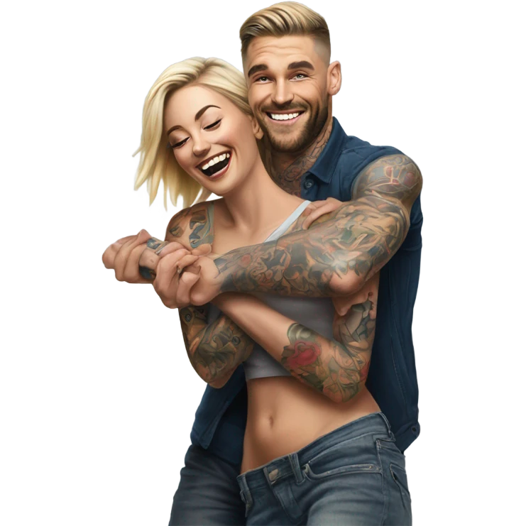 Hyper Realistic beautiful woman getting a piggy back off a handsome tattooed man laughing  emoji