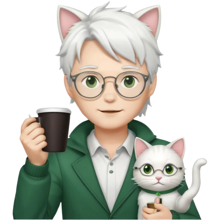 An anime guy with white hair, white cat ears, green eyes, and glasses, holding a coffee cup in his hand and waving emoji