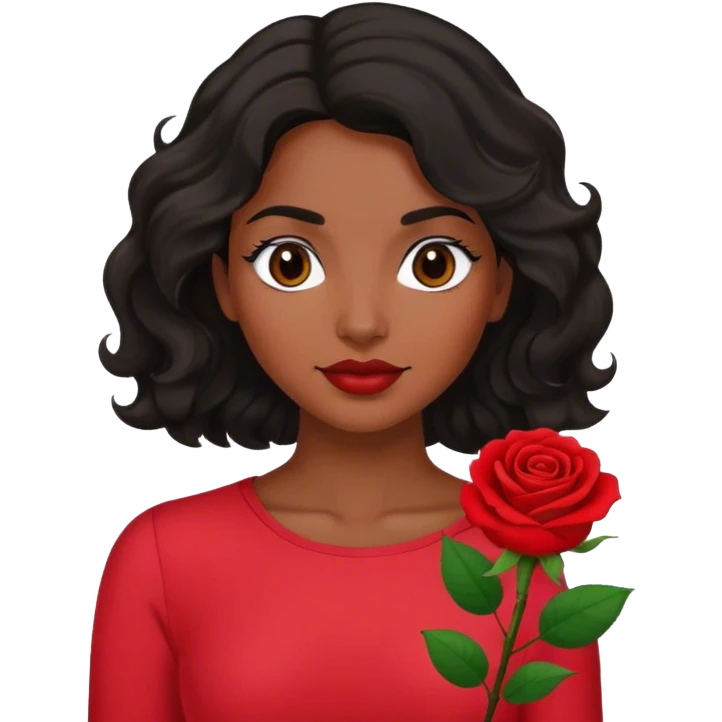  brown eyed women with black wavy hair rose background red top emoji