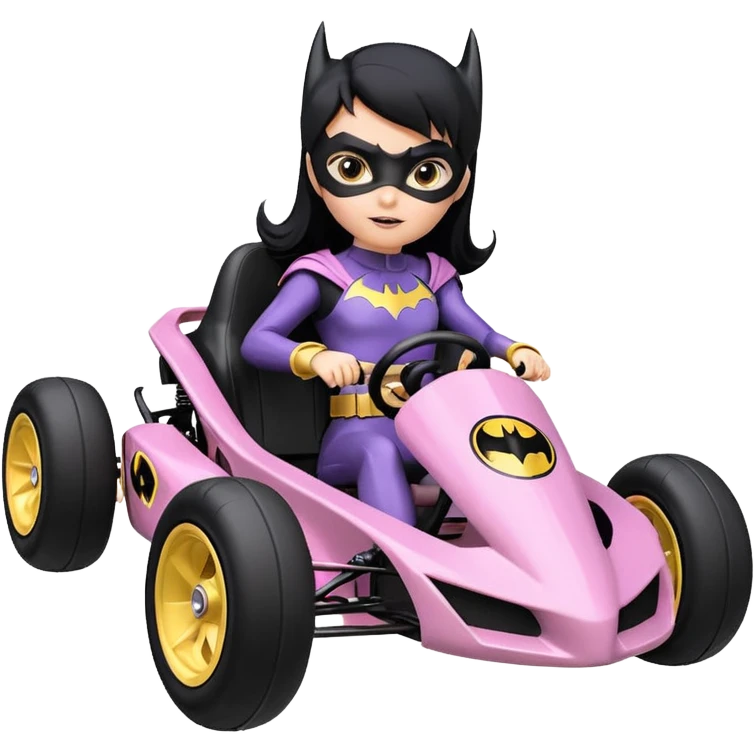 Hot full size real size-appearance electric racing action BatGirl’s feminine midnight-colored tight outfit sixty’s tv show 1992 dark stealthy sporty safe plush petite off-road pursuit cruiser car rose gold accents (black hair,reclined and relaxed torso and shoulders seating position) go kart  emoji