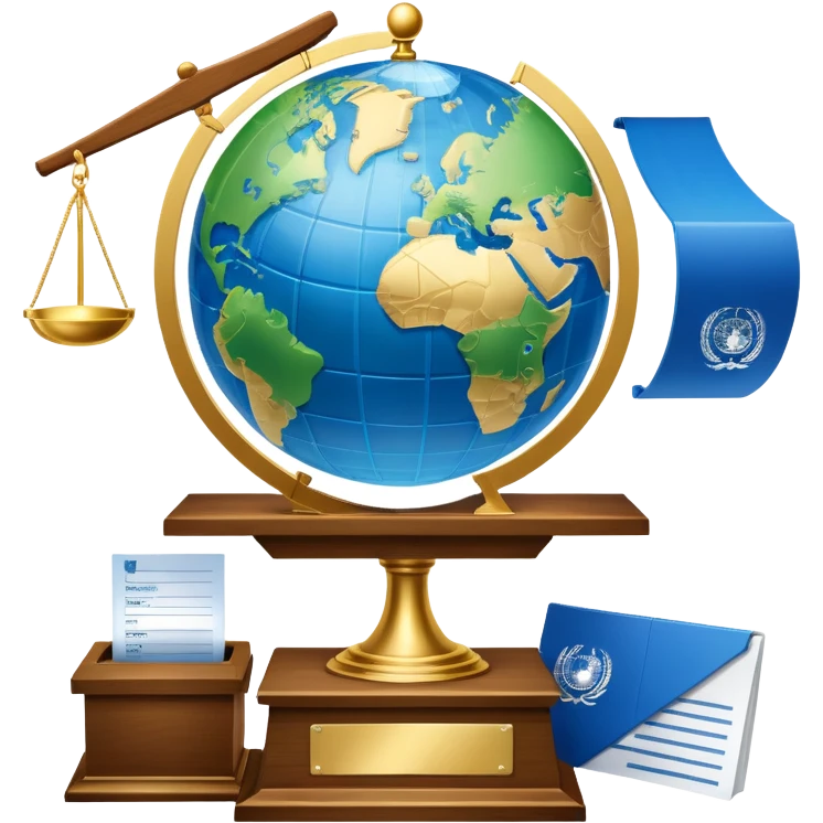 An icon featuring a podium with a speaker, a ballot box with a voting slip, and a globe, symbolizing political science. The design includes scales of justice and a world map in the background, representing governance and global politics. Transparent background highlights political analysis. emoji