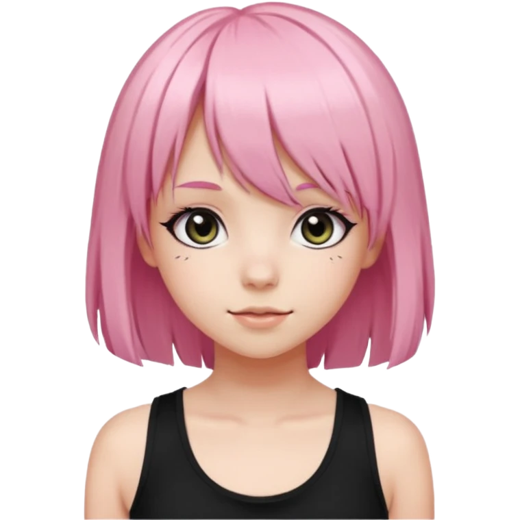 A girl with light pink hair with big black pupils and long manga style lashes and bangs wearing a black tank emoji