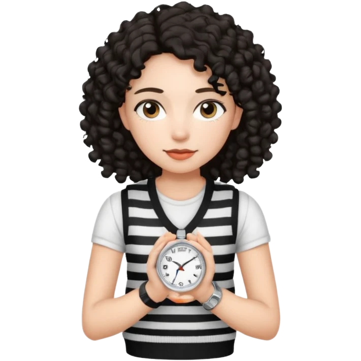 Chica joven con cabello rizado y oscuro, piel clara, vestida con un chaleco tejido blanco con rayas negras y una camiseta blanca debajo. Lleva un reloj plateado  emoji