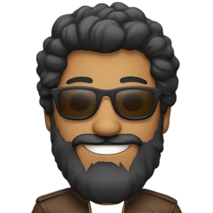 a brown man with a long beard, wearing shades, jacket and a smile on his face. emoji