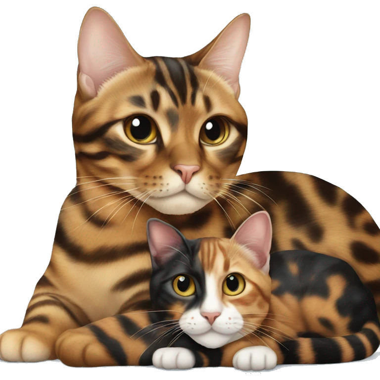 A tortoiseshell cat laying on top of a bengal cat in heart shape emoji