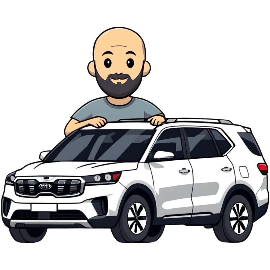 bald man with beard standing next to a Kia Mohave SUV emoji