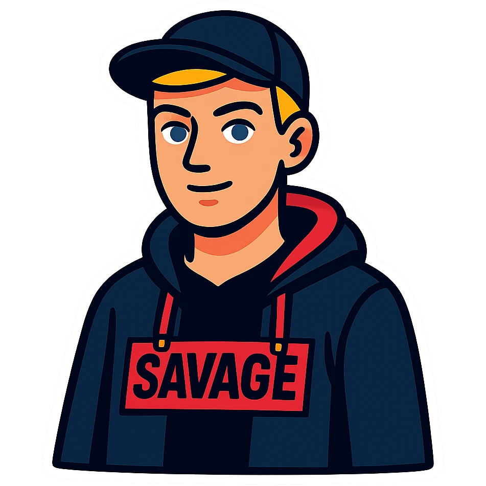 young man with short blonde hair, blue eyes, light skin, dark cap, dark hoodie over a "SAVAGE" t-shirt, white outline sticker effect emoji