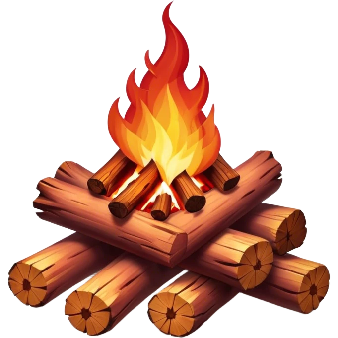 Cinematic Realistic Campfire, a roaring flame crackling atop carefully arranged logs, embers glowing deep red, golden light casting soft flickering shadows, gentle smoke drifting upwards, glowing with warmth and coziness. emoji