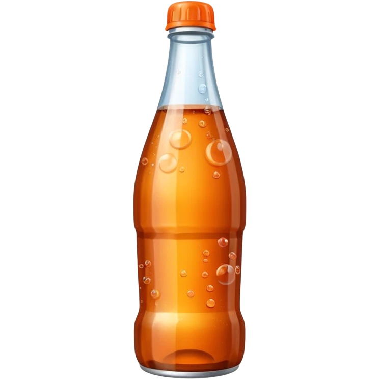 soda bottle, transparent or tinted, cola or orange soda, narrow neck, colored cap, bubbles, fizzy, 3D clean style, optimized for emoji size emoji