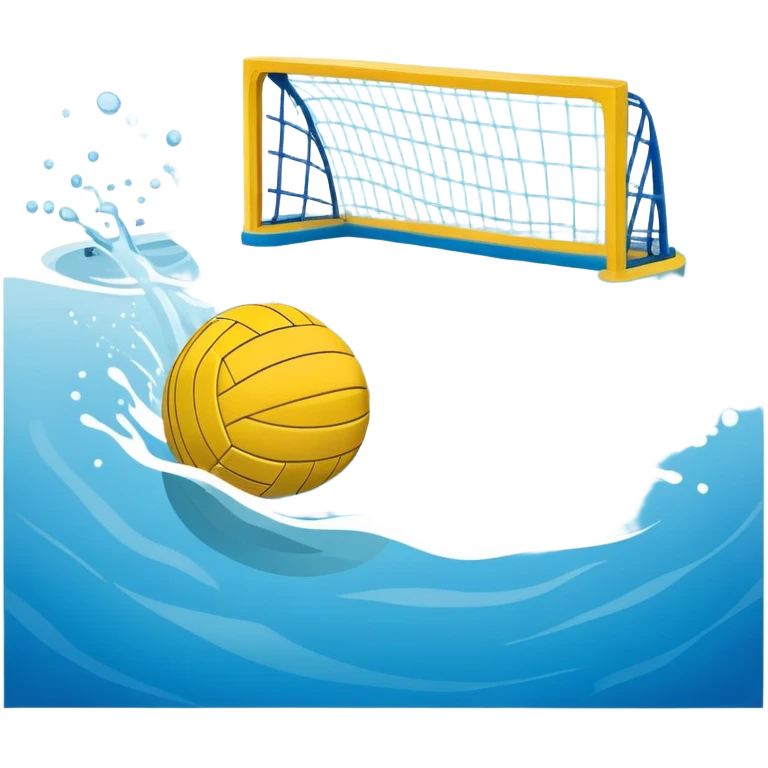 An icon featuring a yellow water polo ball floating on the water with goals in the background, inside a swimming pool. The design includes splashes and ripples, symbolizing the fast-paced action and strategy of water polo. Transparent background highlights. emoji