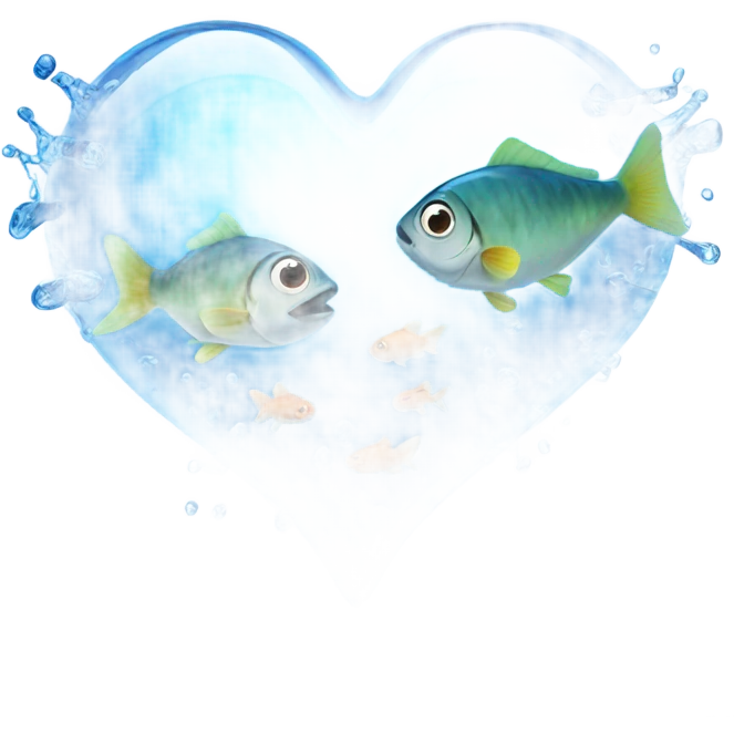 Blue clear Heart made out of water with fish swimming inside  emoji