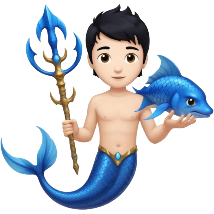 boy, black hair, brown eyes, white skin, Triton, with Triton in hand, blue Triton tail and blue triton ears emoji