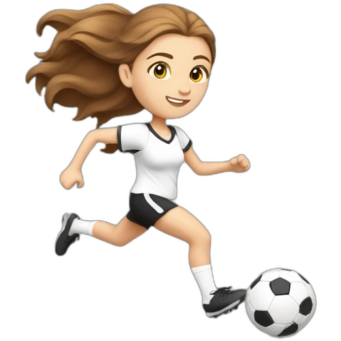 Caucasian girl with brown long hair running with a soccer ball wearing White short and black shorts emoji