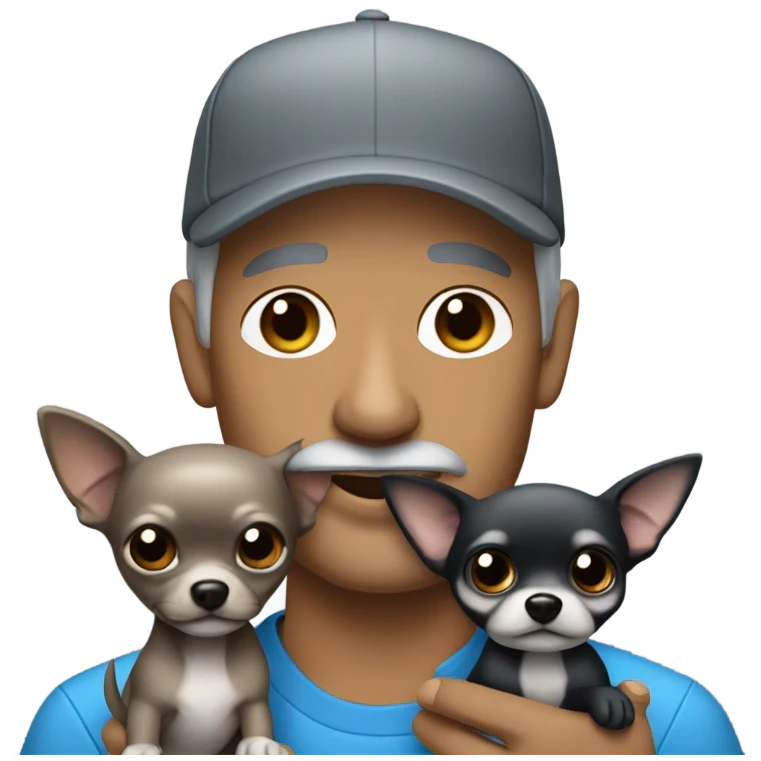 blue eyed man, with grey hair and grey goatee, wearing ball cap, holding long hair black chihuahua emoji