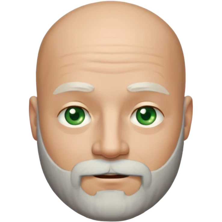 a man with light skin, a bald head, and a well-maintained beard that is darker at the top and greying towards the chin. He has striking light green eyes and a subtle, closed-mouth smile. The lighting highlights his face, and the background is softly blurred, suggesting an indoor setting. emoji