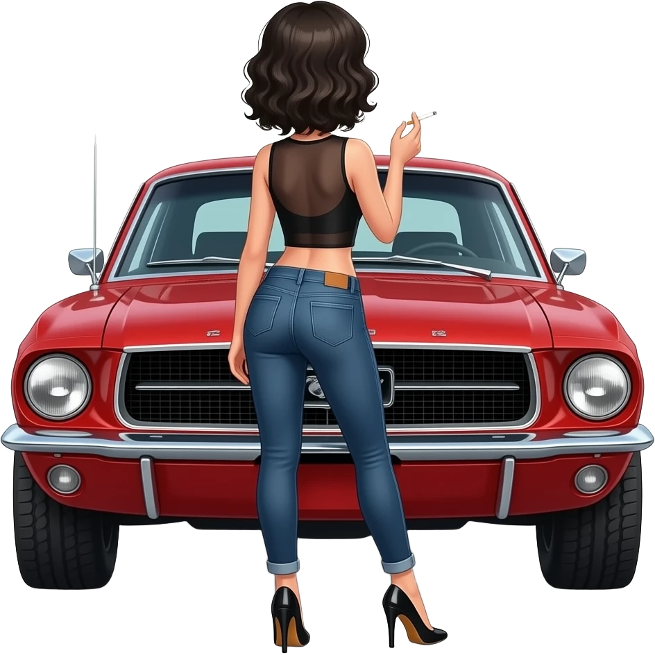 Pale girl with black wavy hair and brown eyes backed from behind in front of a red ford mustang 1968 coupe. Girl wearing a sheer black sleeveless top, low rounded neckline, jeans and heels with visible toes. smoking cigarette. emoji