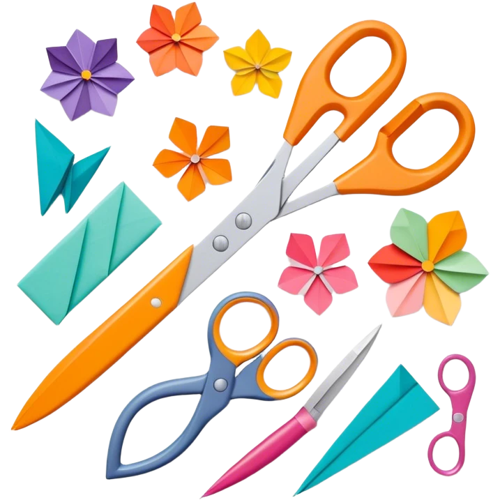 Paper crafting icon, various paper crafts like origami, paper flowers, and scrapbooking materials, visible tools such as tradittional scissors, glue stick, and paper sheets, colorful paper patterns, minimalistic style, clean lines, transparent background. emoji