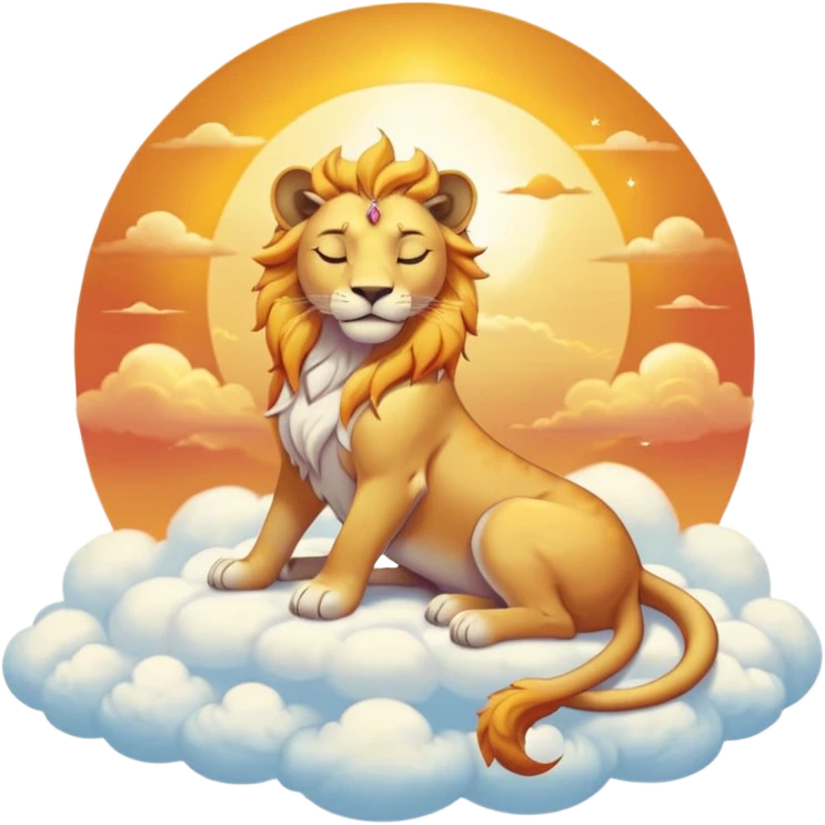 Sun-kissed Sunset-Gradient Celestial Flaring Warm Hot Feminine Beautiful Elegant Pretty Sun-Pyroar-Solgaleo-Goddess-Lioness with closed relaxed eyes and symmetry and sitting on a cloud pastel divine dress beauty   emoji