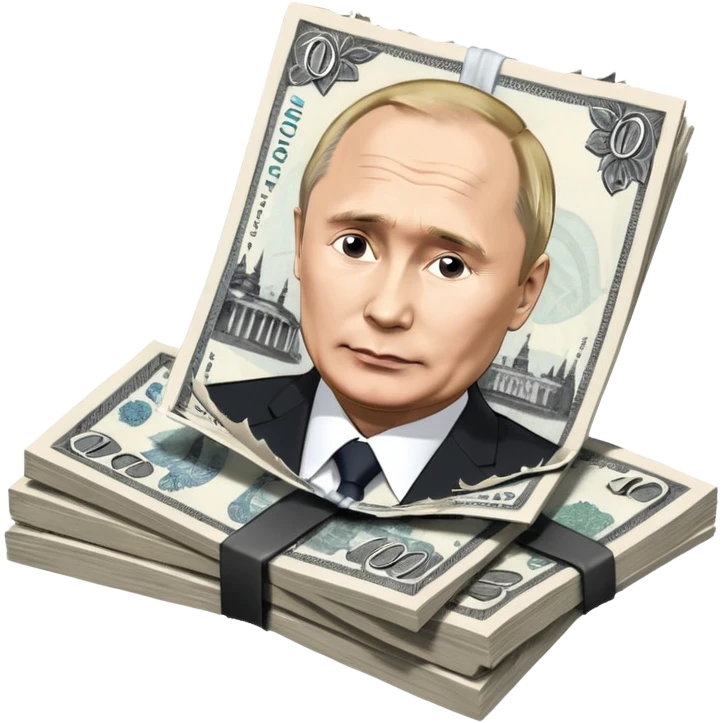 single stack of russian ruble notes with Vladmir Putin's picture on them blown into pieces because of explosion emoji