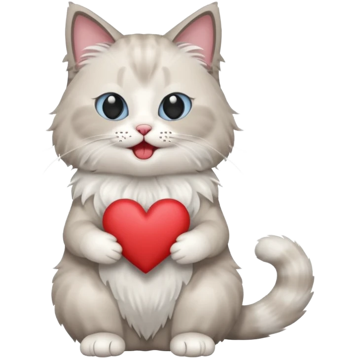 Full body ragdoll Cat holding a heart and mouth open, blushing emoji