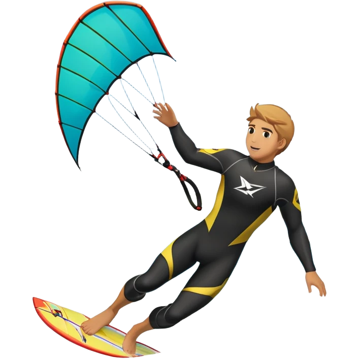 A kite surfer soaring above the waves, holding onto a kite with the wind in full force. The background showcases the ocean and sky, emphasizing the freedom, thrill, and energy of the sport. The motion of the kite and board is dynamic, capturing the excitement of kiting. emoji