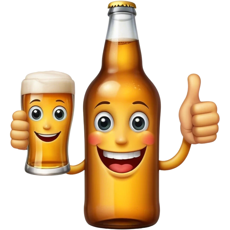 A beer bottle with a big smile and expressive eyes giving a thumbs-up emoji