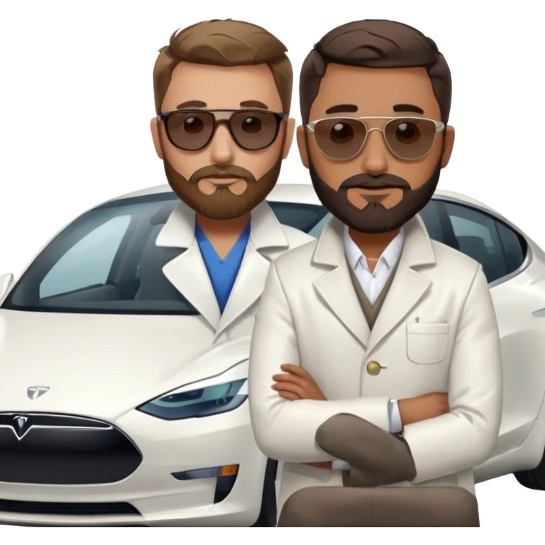 White tesla model 3 with one cool physician with dark blond hair, beard and dark sunglasses next to it emoji