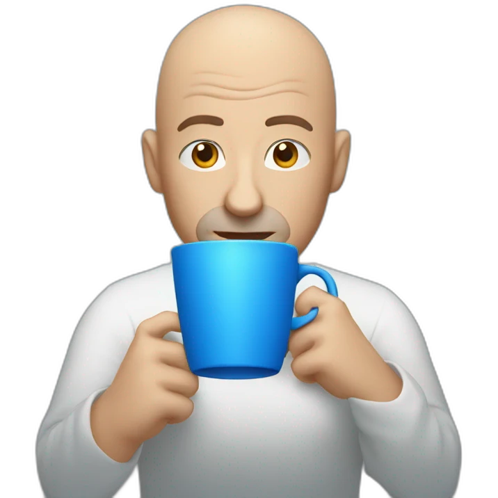 Bald man raising eyebrow, drinking from a blue cup emoji