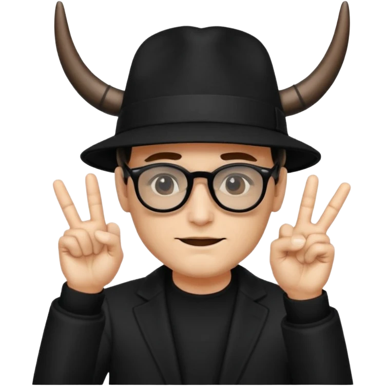 man dressed in black with dark glasses and a black hat making the horns gesture with both hands emoji