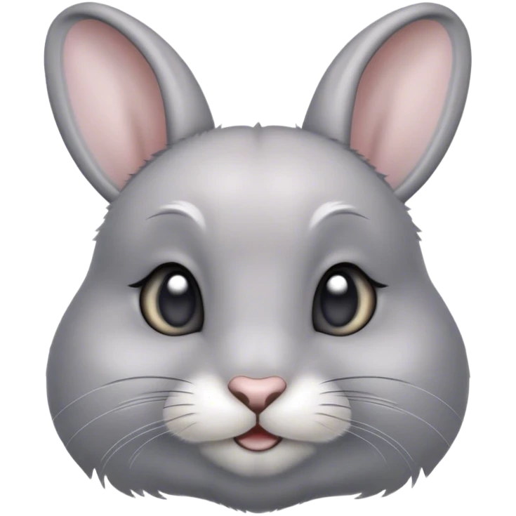 Cinematic Cute Grey Rabbit Portrait Emoji, Head tilted playfully and inquisitively, featuring a silky, smooth grey fur with soft, velvety textures, round, sparkling grey eyes filled with curiosity, Simplified yet irresistibly adorable features, highly detailed, glowing with a warm, friendly glow, high shine, affectionate and gentle, stylized with a touch of whimsy, bright and endearing, soft glowing outline, capturing the essence of a mischievous yet loving bunny, so playful it feels like it could hop out of the screen and into your arms! emoji