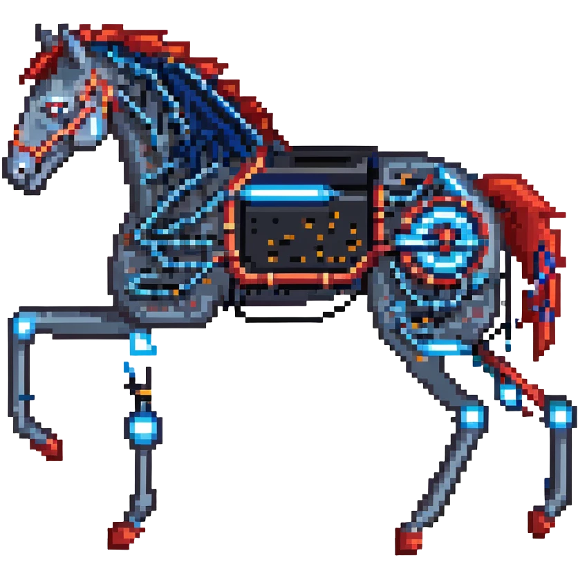 fast electric horse made of electricity, metal plates, bolts, visible blue and red wires, lightning coursing through its body, cybernetic emoji