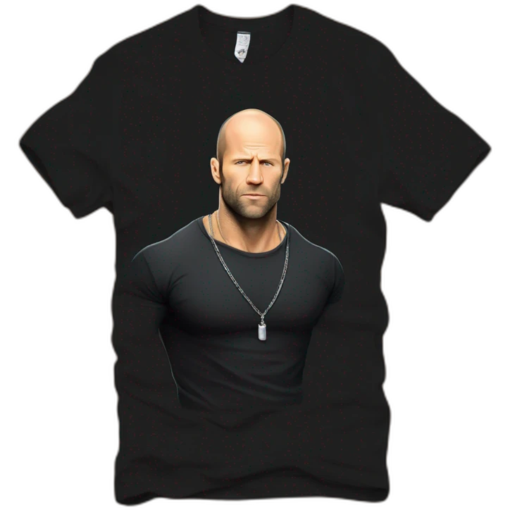 Jason Statham wearing men silver chain on a black tshirt,styled,cool,side angle emoji