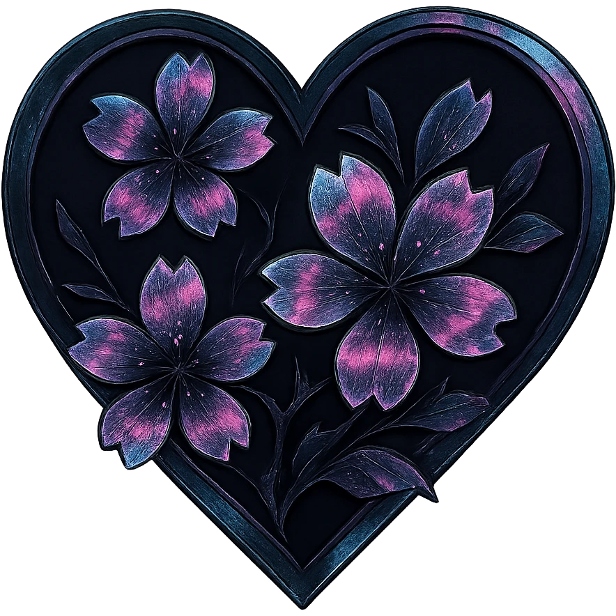 goth sakura heart, holographic effect, iridescent black and pink, futuristic gothic emoji