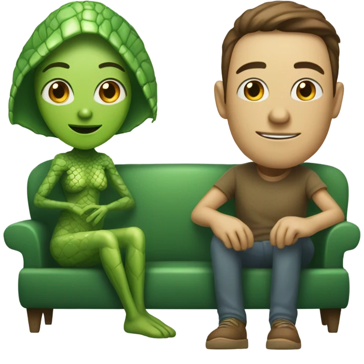 alien reptilian woman and humman man, sitting on a couch  emoji