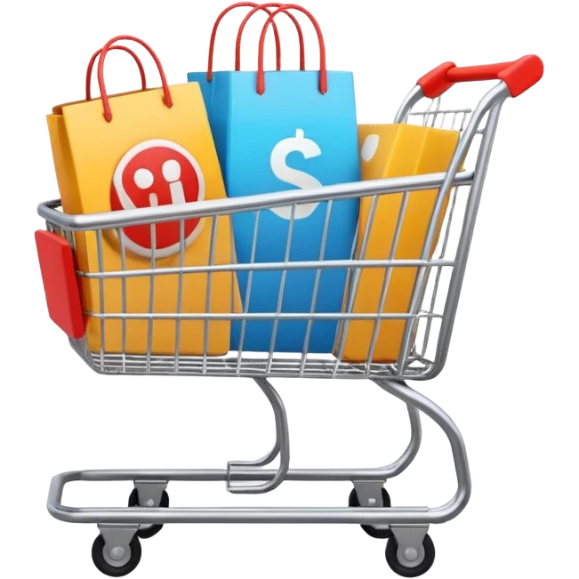 Digital shopping cart filled with online products, clean minimal UI design, smooth motion graphics animation, floating icons, modern style, dark background, cinematic lighting, seamless loop. emoji