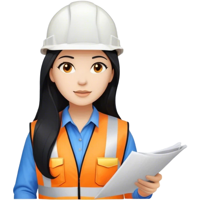 Female civil engineer with long black hair and white helmet wearing blue shirt and an orange safety vest looking at construction plan  emoji