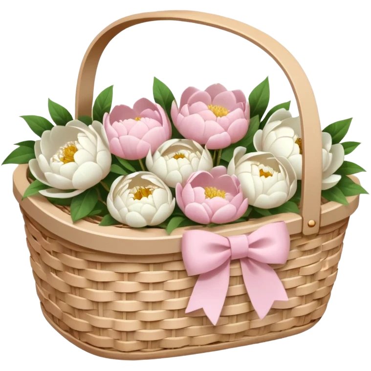 White Picnic basket with light pink bow and white peonies inside emoji