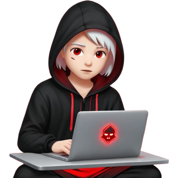 developer behind his laptop with this style : Crytek Crysis Video game neon glowing bright red character red black hooded hacker themed character emoji