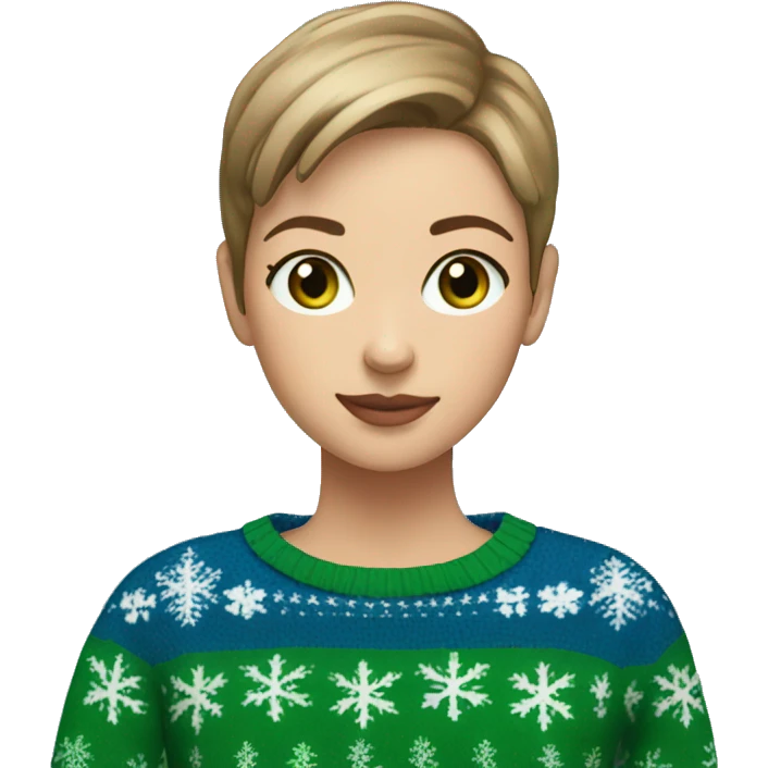 Light brown short haired girl with green eyes drinking coffee wearing blue Christmas sweater emoji