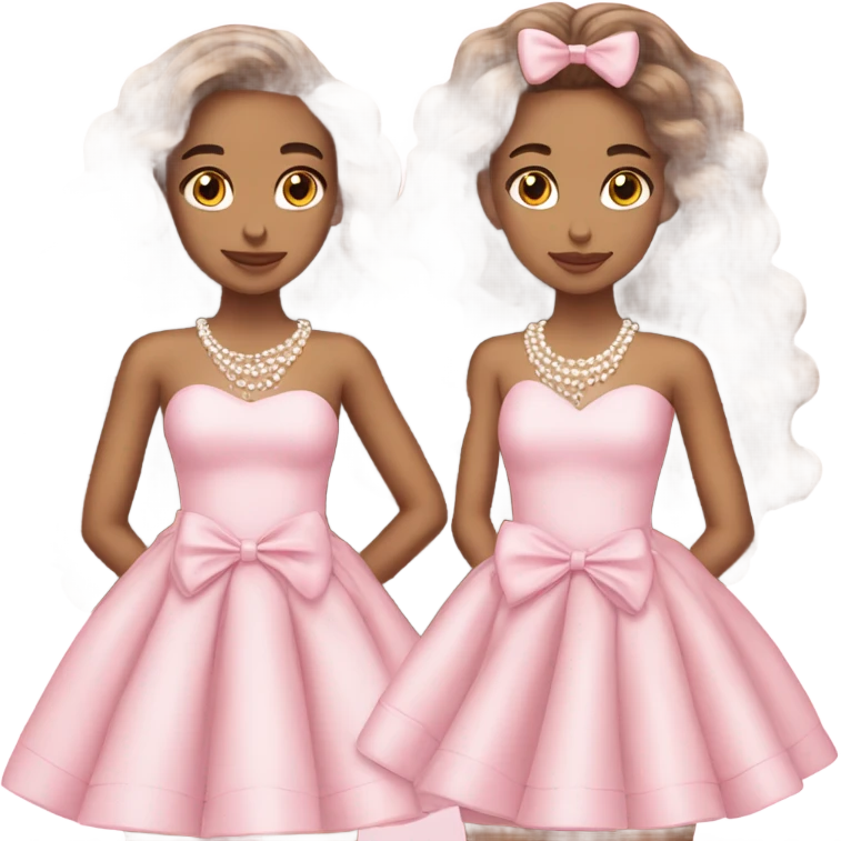 two teenage Latina twins. pink. Long hair. Pink bows. Pearls. Light pink. Diamonds dress. emoji